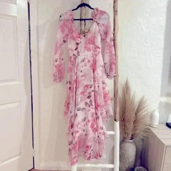 NWT SAU LEE Georgia Pink White Floral Chiffon Ruffle Midi Dress Gown Size 8 - Picture 6 of 10